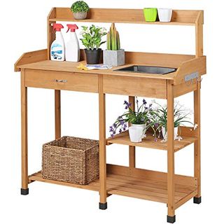 Yaheetech Garden Potting Table Wood Potting Bench Removable Sink Drawer Planting Germination Workstation W/open Shelves & Side Hooks for Patio Balcony Yard Lawn