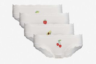 set of four white knickers each embroidered with a different fruit, sustainable lingerie