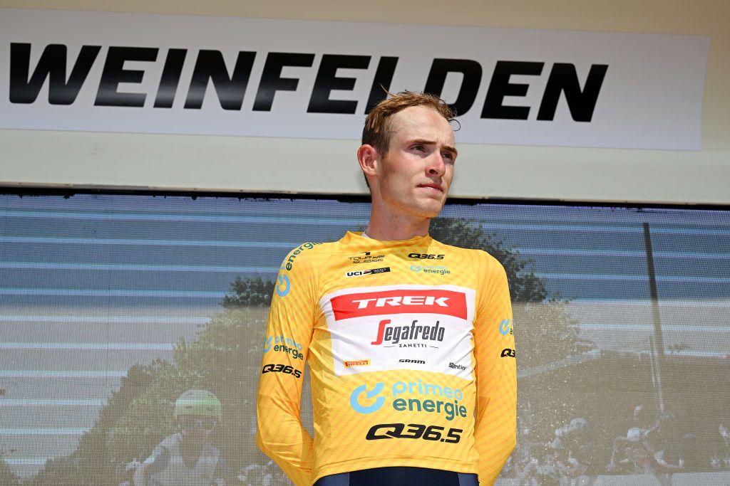 WEINFELDEN SWITZERLAND JUNE 17 Mattias Skjelmose Jensen of Denmark and Team TrekSegafredo poses at podium as Yellow leader jersey winner during the 86th Tour de Suisse 2023 Stage 7 a 1835km stage from Tbach to Weinfelden UCIWT on June 17 2023 in Weinfelden Switzerland Photo by Dario BelingheriGetty Images