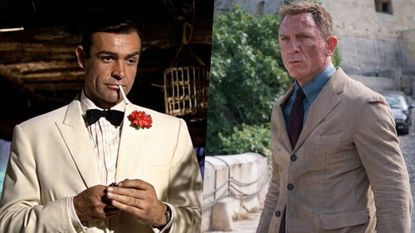Sean Connery as James Bond in Goldfinger and Daniel Craig as James Bond in No Time to Die