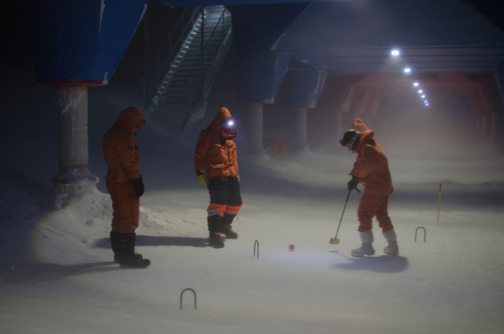 Staff wintering over at the British Antarctic Survey&#039;s Halley station play a round of outdoor croquet in 40 mph winds and freezing temperatures to celebrate the Queen&#039;s Diamond Jubilee.