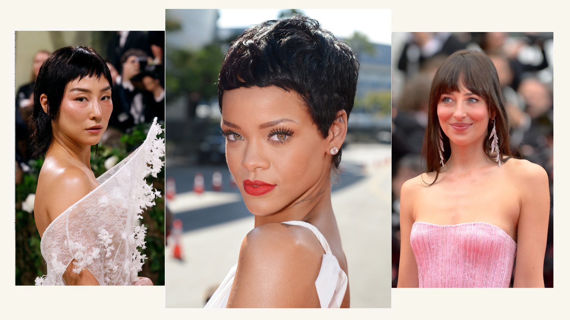 Photo collage of Rihanna, Greta Lee, and Dakota Johnson with different haircuts 