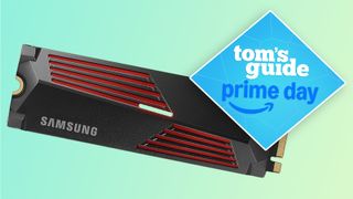 A Samsung 990 PRO SSD on a green and blue background with a blue Tom's Guide Prime Day deal badge in the top right