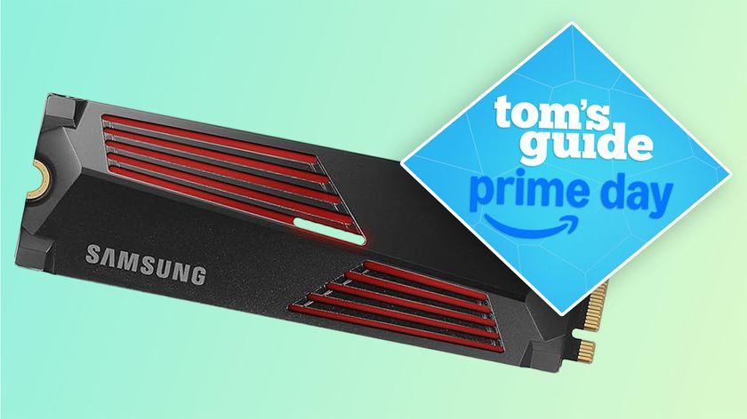 A Samsung 990 PRO SSD on a green and blue background with a blue Tom&#039;s Guide Prime Day deal badge in the top right