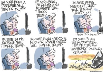 Political cartoon U.S. 2016 election Donald Trump temper Trumpocalypse