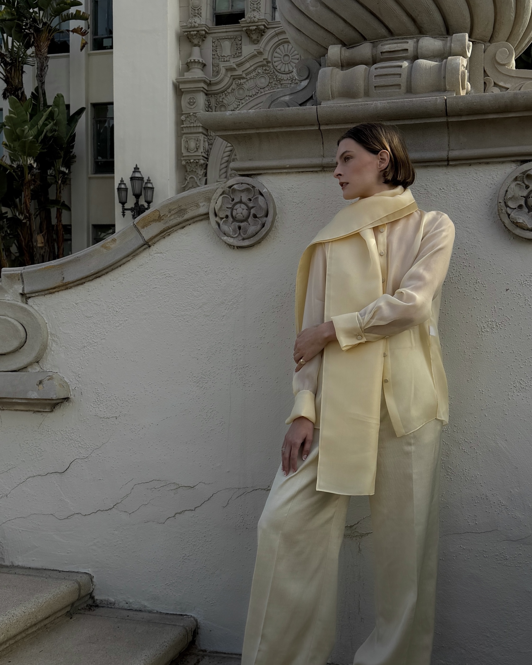 Christie Tyler layers satin butter yellow pieces for a tonal look