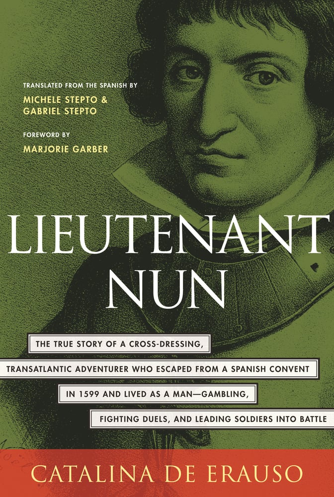 the cover of the book lieutenant nun of a person in armor in a green hue