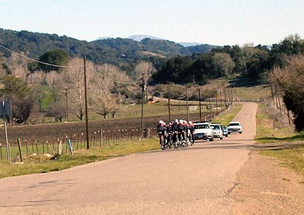 The CSC convoy drives along on quiet Solvang roads