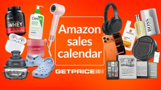 Assorted tech products on red background text reads Amazon Sales Calendar