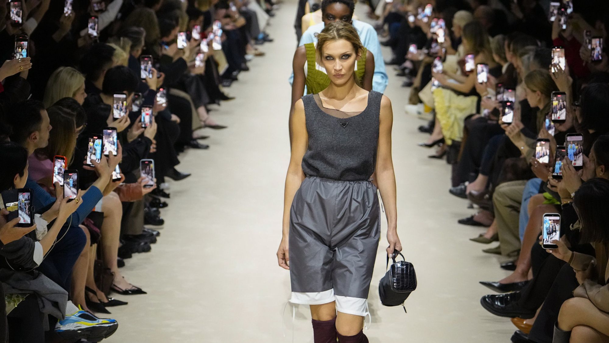 bella hadid in the prada aw26 show finale during milan fashion week