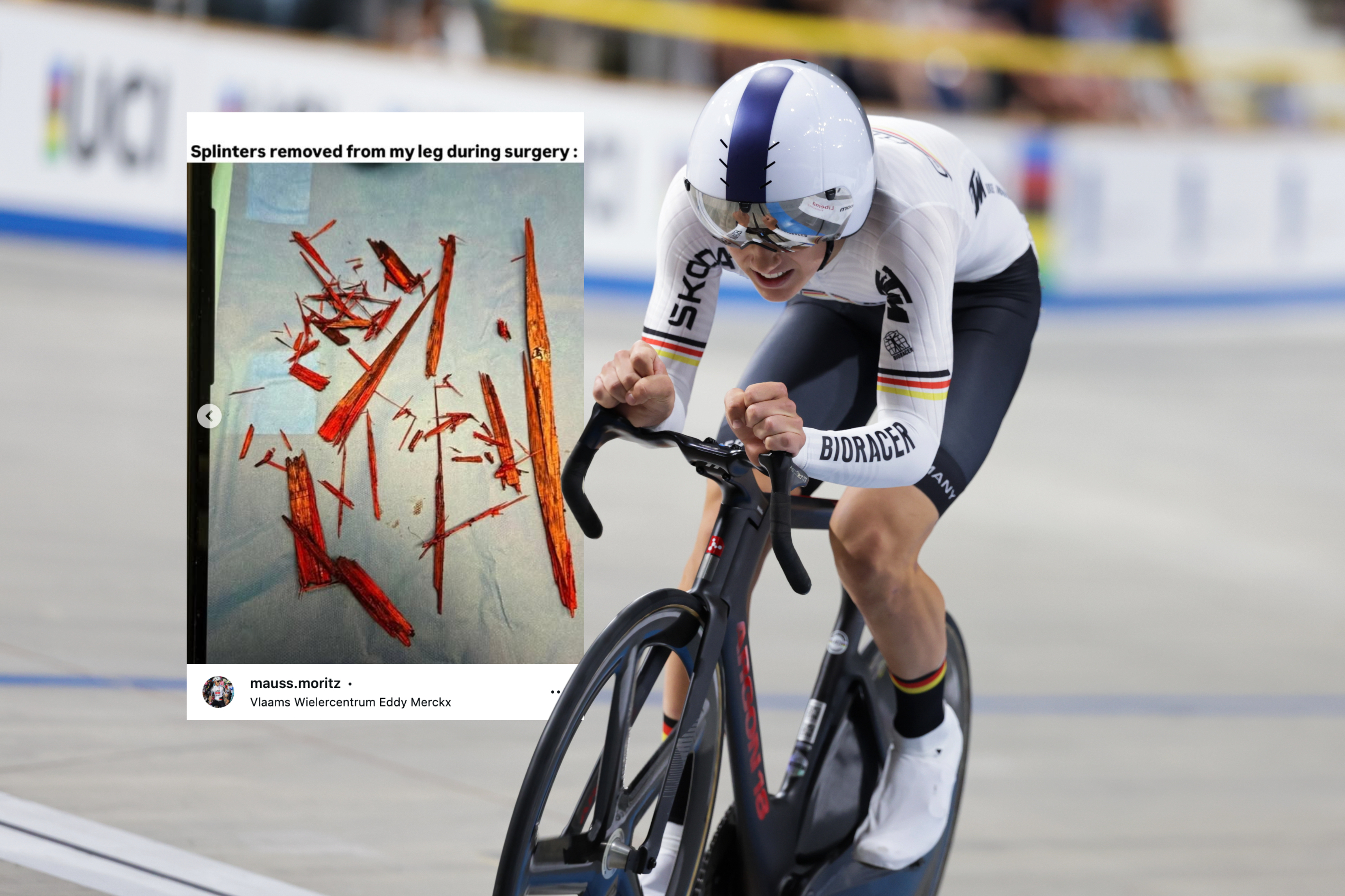 Moritz Mauss riding in a velodrome with a picture of splinters behind him
