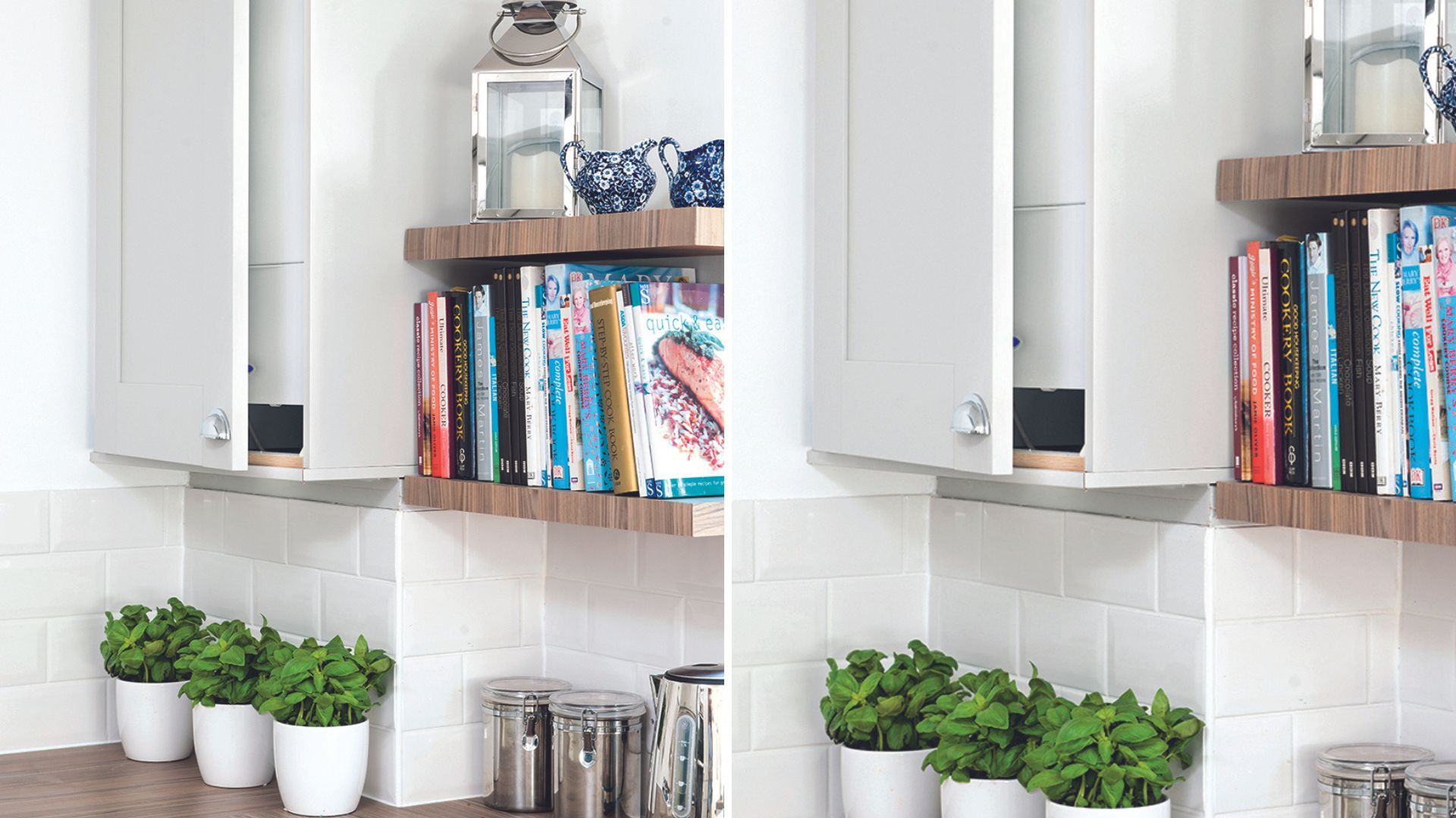 White kicthenw ith boiler in a cupboard with boxed in pipes to highlight a common kitchen design mistake