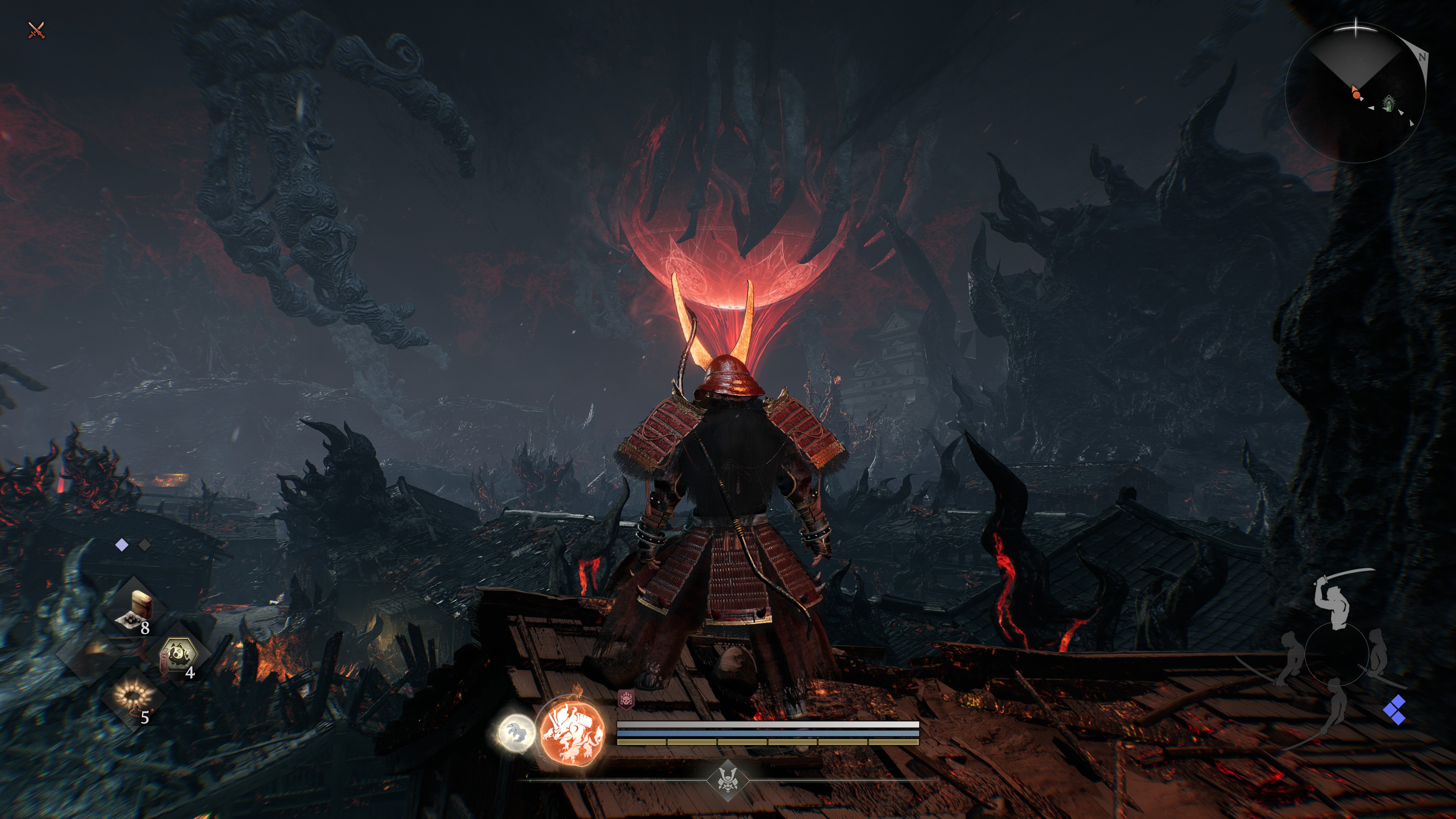 Standing on a building in a ruined town in Nioh 3.