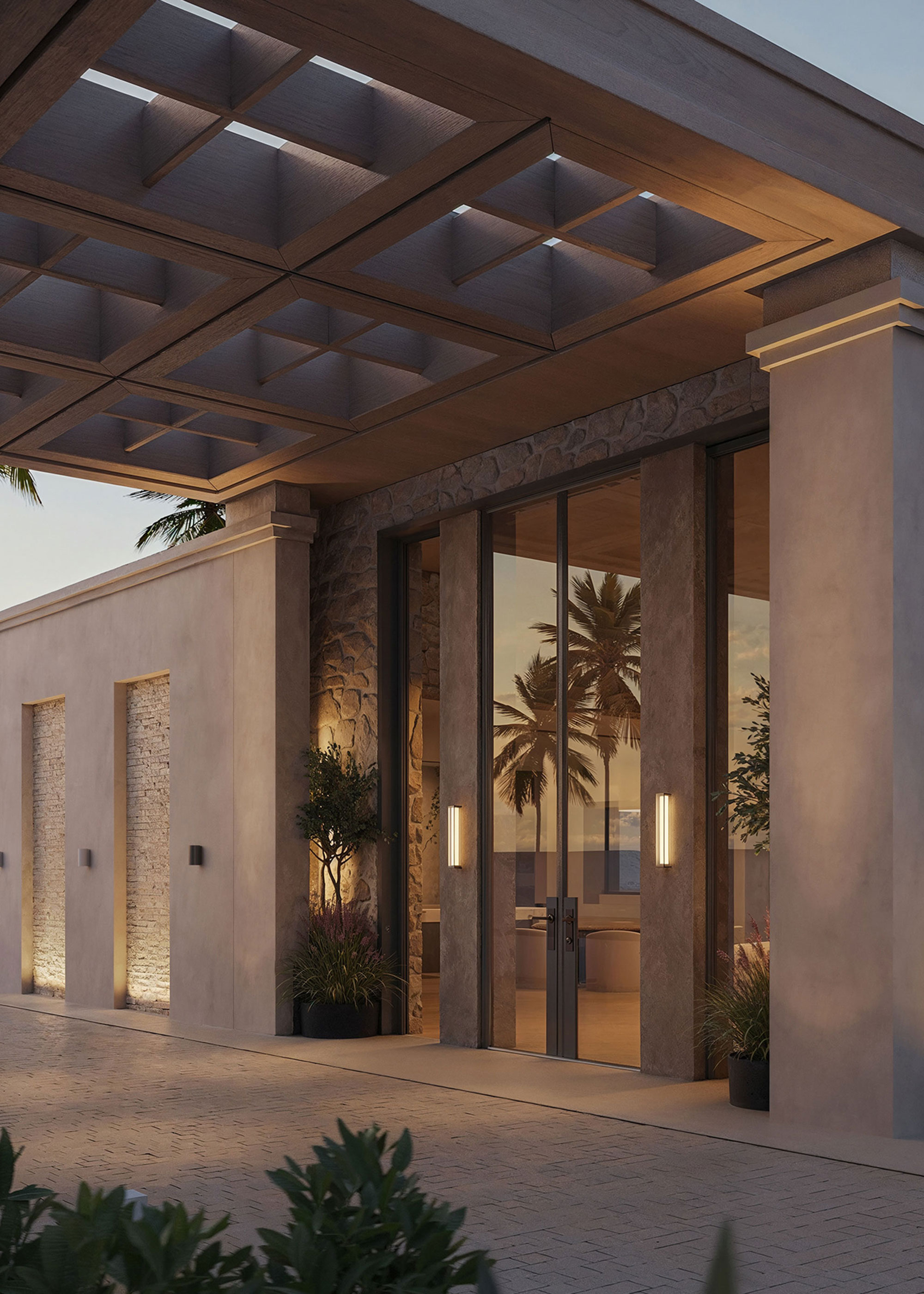 modern house with full height glass doors with grid effect brise soleil