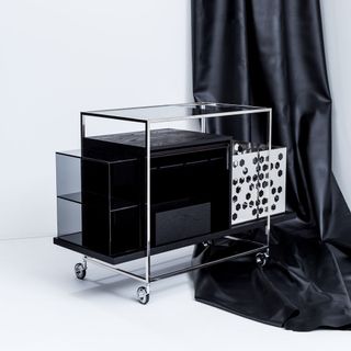 bar trolley in wood, steel and glass
