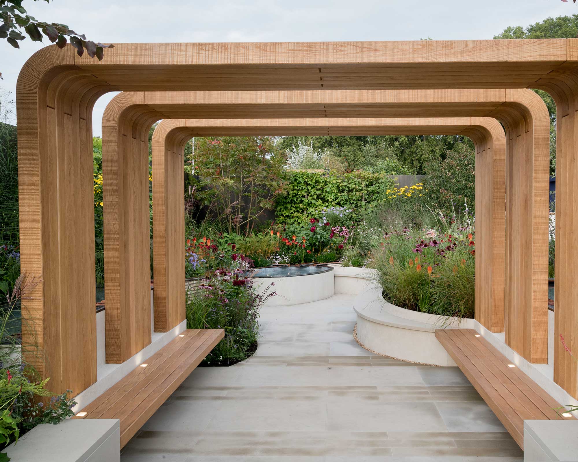 timber overhead patio cover at Chelsea Flower Show 2021