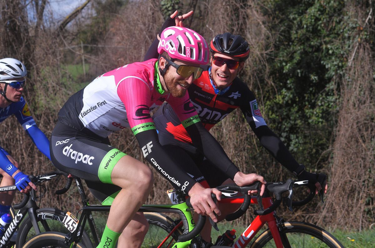 Taylor Phinney and Alberto Bettiol joke around