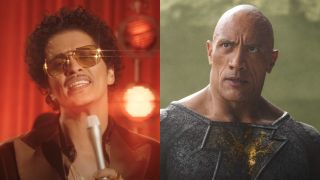 From left to right: Bruno Mars singing in the Smokin' Out the Window music video and Dwayne Johnson in Black Adam