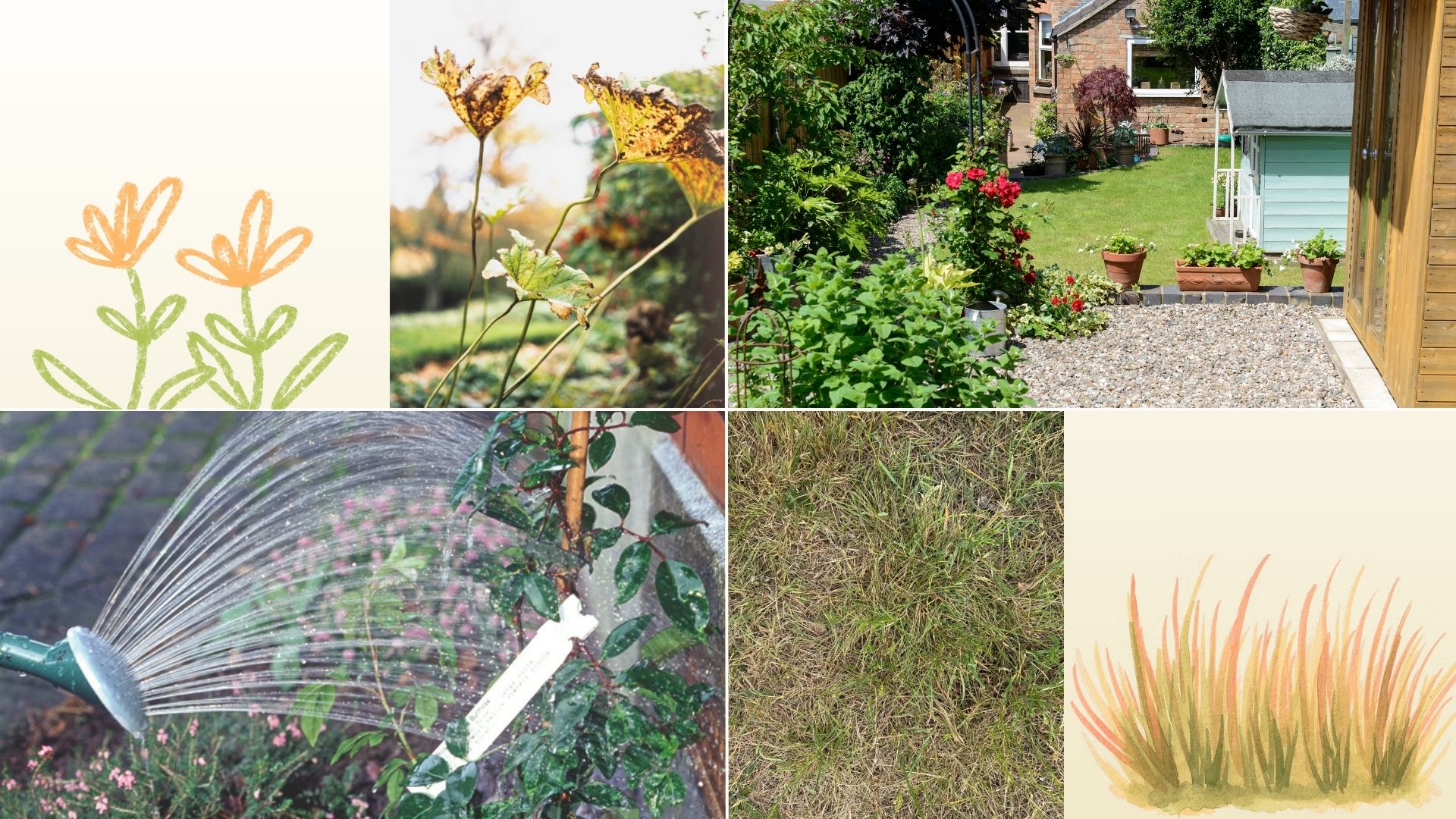 Collage showing gardening elements to help your garden recover from a heatwave