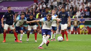 Harry Kane of England misses his second penalty over the bar during the FIFA World Cup Qatar 2022 quarter final match between England and France at Al Bayt Stadium on December 10, 2022 in Al Khor, Qatar.