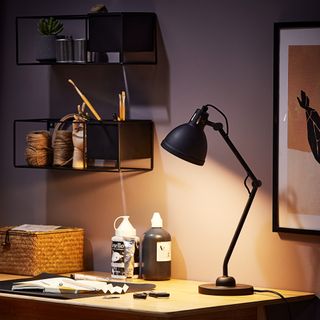 A home office desk with a switched on black desk lamp and wall-mounted organisers above it