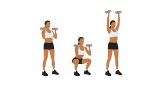 Person performing a dumbbell thruster in three phases, standing with dumbbells, squatting with dumbbells, and doing an overhead press with dumbbells