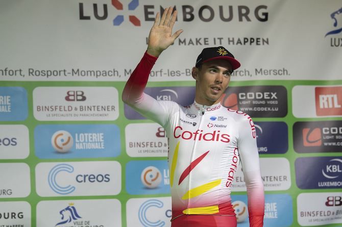 Christophe Laporte (Cofidis) waves to the crowd having won the prologue of the 2019 Tour de Luxembourg