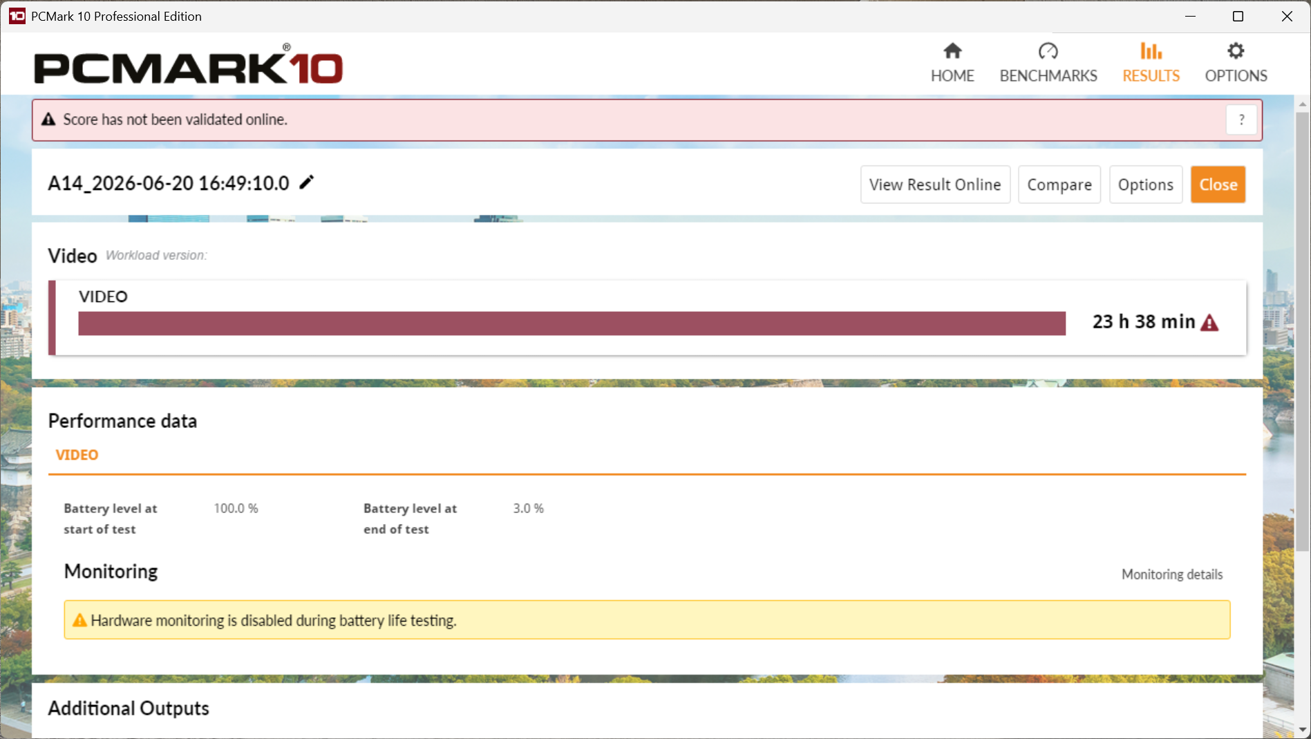 PCMark 10 battery benchmark test results screen for ASUS Zenbook 14 (2026) showing a score of 23 hours and 38 minutes