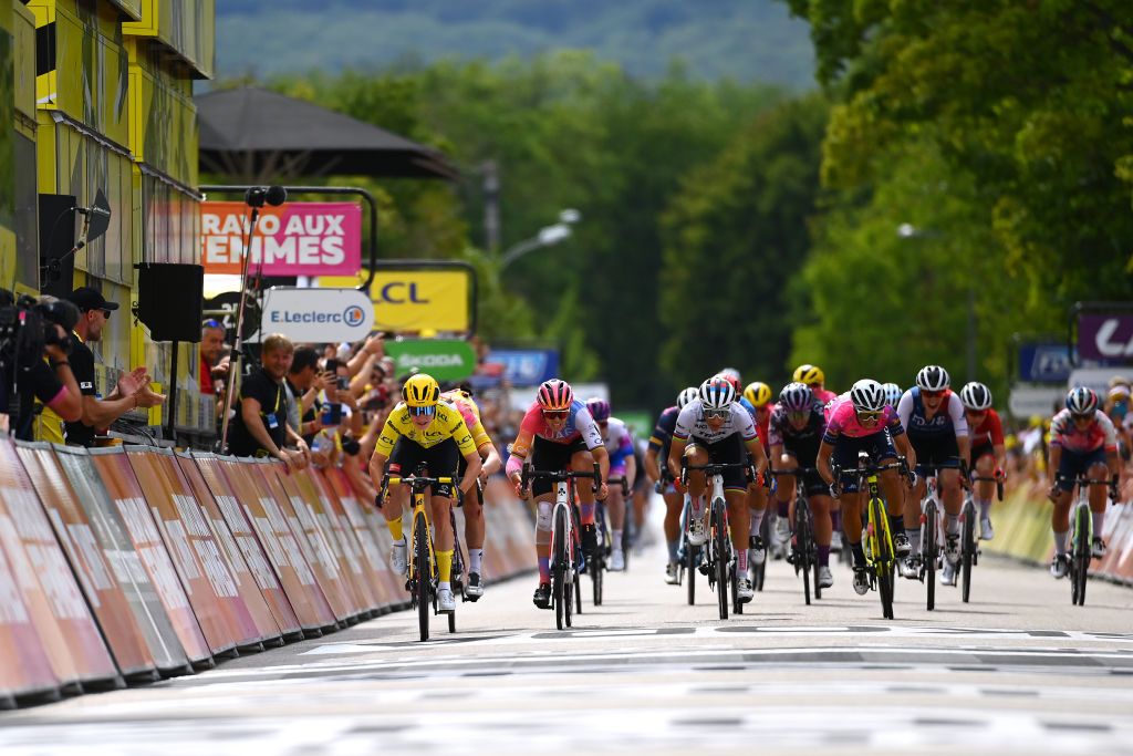 ROSHEIM FRANCE JULY 29 LR Marianne Vos of Netherlands and Jumbo Visma Women Team Yellow Leader Jersey Marta Bastianelli of Italy and UAE Team ADQ Elisa Balsamo of Italy and Team Trek Segafredo and Silvia Persico of Italy and Team Valcar Travel Service sprint at finish line during the 1st Tour de France Femmes 2022 Stage 6 a 1286km stage from SaintDidesVosges to Rosheim TDFF UCIWWT on July 29 2022 in Rosheim France Photo by Tim de WaeleGetty Images