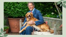 Monty Don with his dog Ned sitting on a wooden bench in the garden