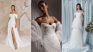 three brides wear gowns with draped bodices from difference bridal collections