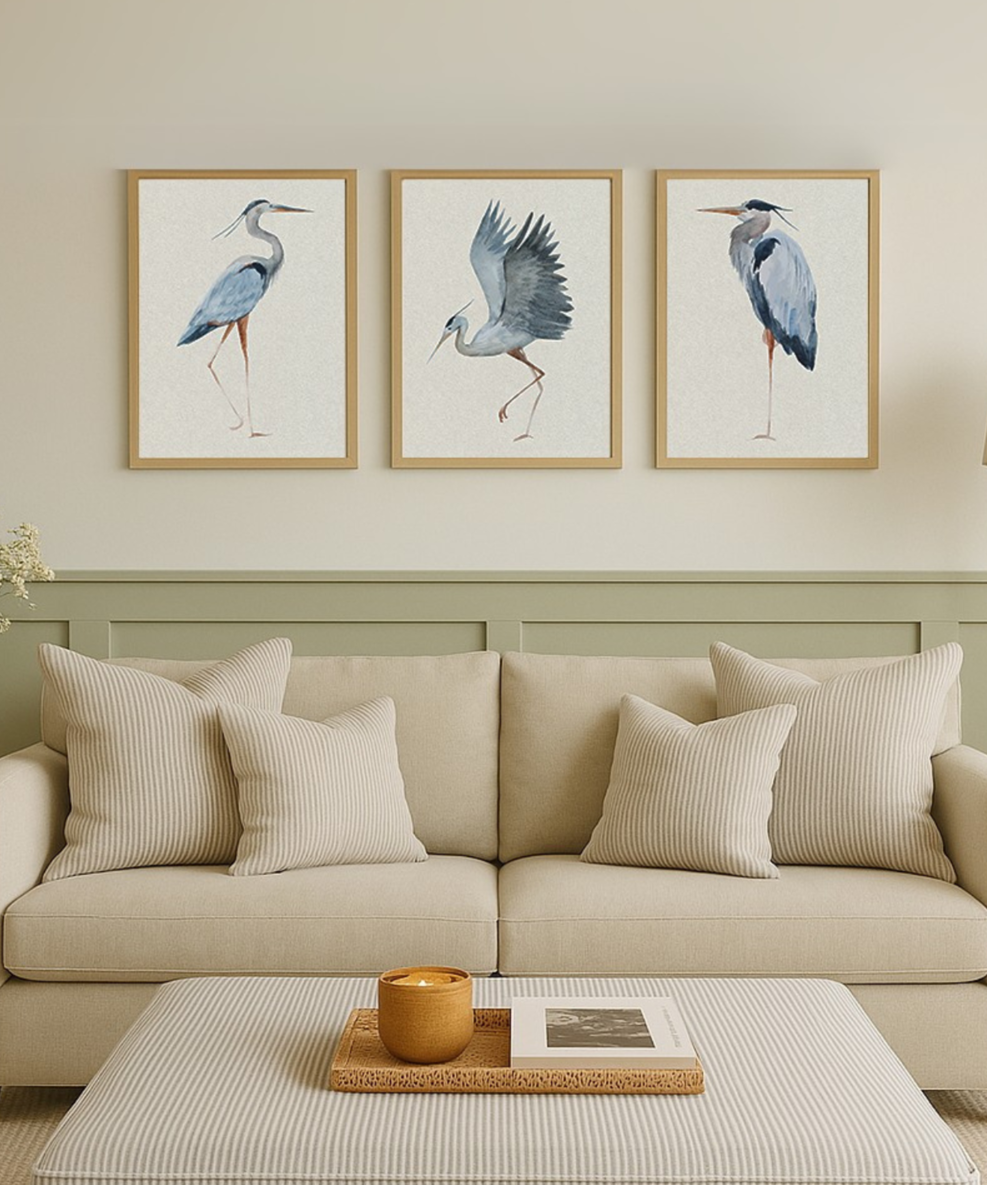 Coastal living room with paneling behind sofa and prints of herons