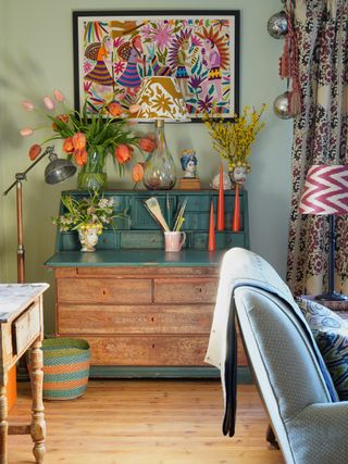 Living room with Mexican folk art from Montes & Clark