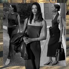 fashion collage of style influencers including Jessica Skye, Salome Mory, Sylvie Mus, and Johanna Lager, and Hannah Lewis wearing chic outfit ideas with brown dresses