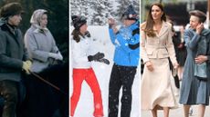 L-R: Princess Anne and the Queen on horseback, Kate Middleton and Prince William having a snowball fight, Kate Middleton and Princess Anne