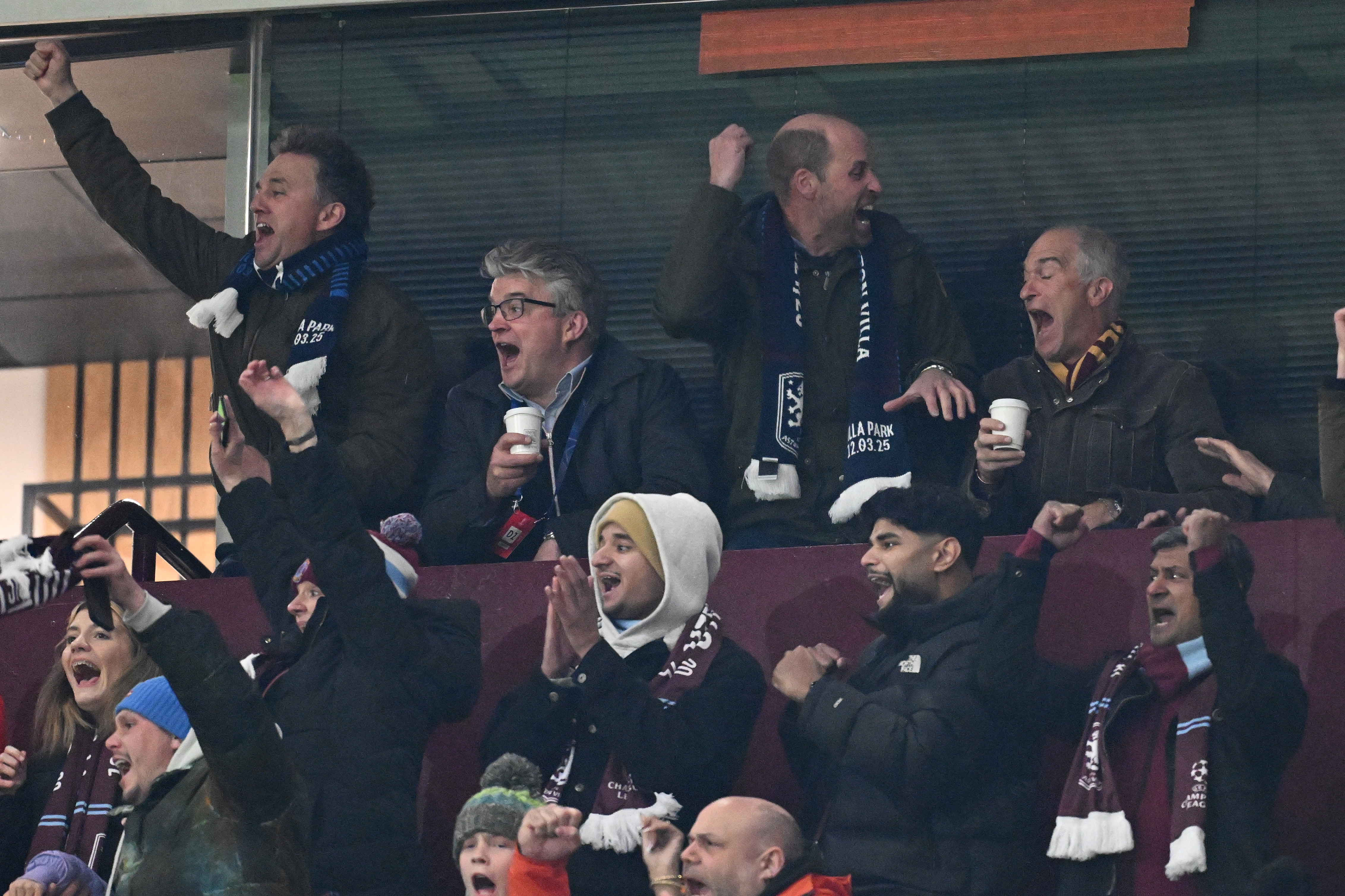 Prince William and his friends cheering in their seats at a March 12, 2025 Aston Villa game