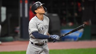 New York Yankees Giancarlo Stanton hits at the plate