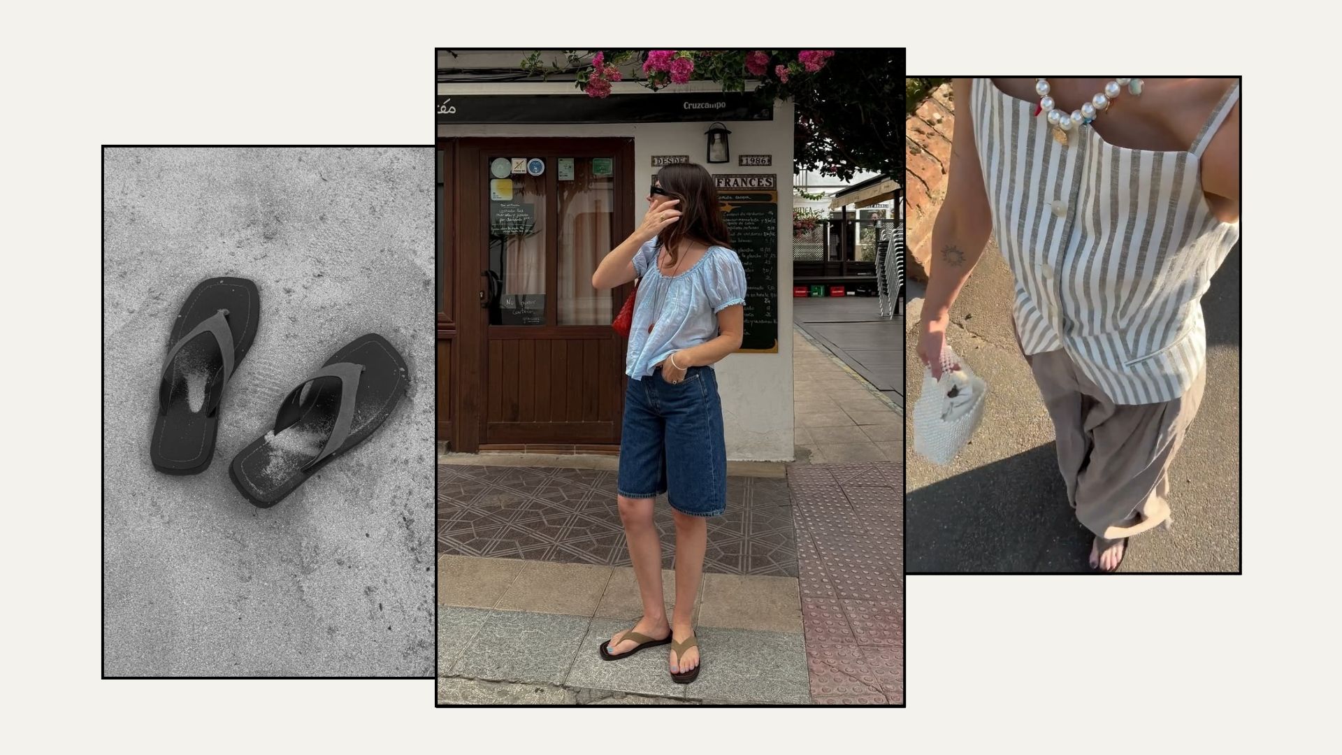Image of sandals on beach; woman wears blue blouse, denim shorts and suede sandals, woman wears striped waistcoat, tailored trousers and suede sandals