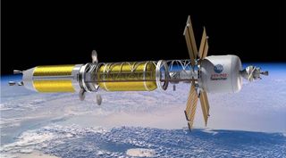 An illustration of a spacecraft for deep space missions powered by nuclear thermal propulsion. Congress has added funding to NASA appropriations bills to support development of the technology.
