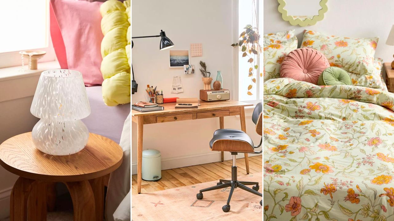 Three pictures of decor in the Urban Outfitters college sale - a white lamp on top of a wooden table, a wooden desk with an office chair next to it, and a green and orange floral bed