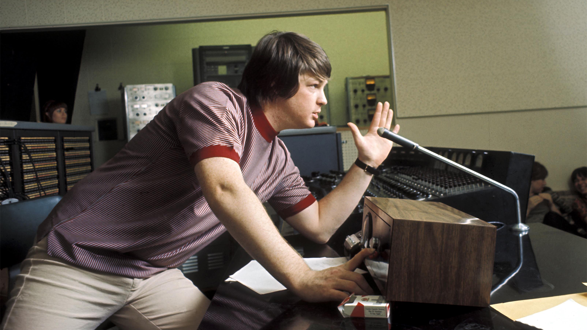 Singer and mastermind Brian Wilson of the rock and roll band &quot;The Beach Boys&quot; directs from the control room while recording the album &quot;Pet Sounds&quot; in 1966 in Los Angeles, California. 