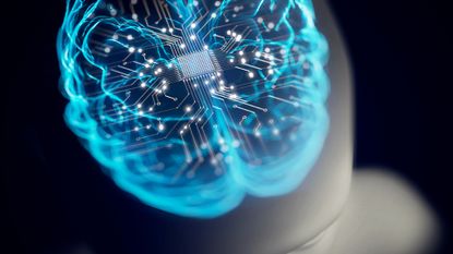 A blue glowing brain inside a drawn head against a black background. 