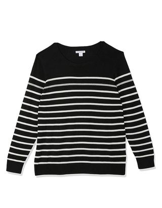 Amazon Essentials Sweater Crewneck Ringan Lengan Panjang Wanita (tersedia dalam Ukuran Besar), Garis Hitam Abu-abu Putih, Sedang