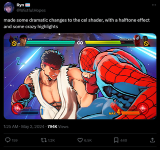 A post that reads: "made some dramatic changes to the cel shader, with a halftone effect and some crazy highlights" followed by an image of Ryu hitting Spider-Man very hard.