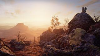 A landscape vista with a hut and rocky outcrops in Senuas Saga Hellblade 2