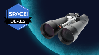 The Celestron 71017 SkyMaster 25x100mm binoculars on a Space.com backdrop with deals logo