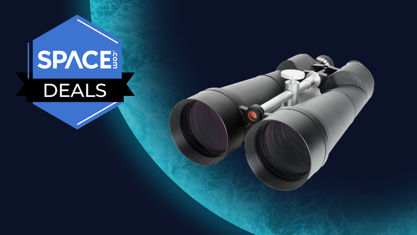The Celestron 71017 SkyMaster 25x100mm binoculars on a Space.com backdrop with deals logo