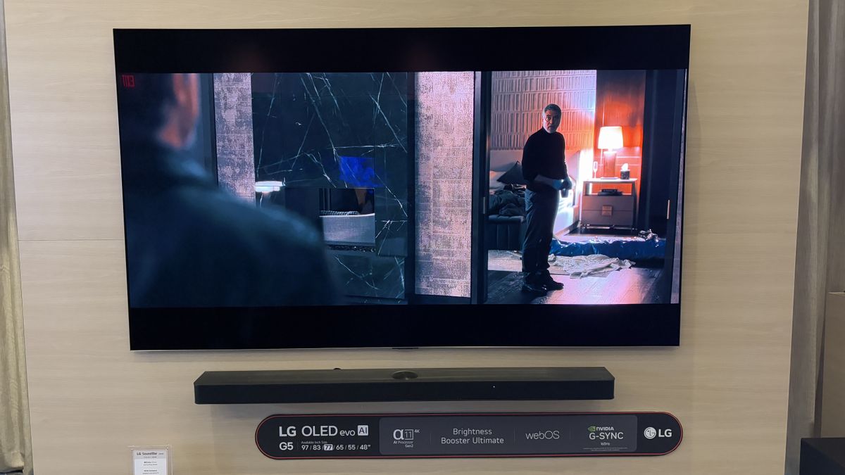 LG G5 OLED TV with Apple TV+&#039;s Wolfs on screen