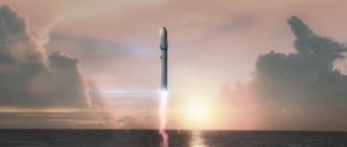 Artist's illustration of SpaceX's planned Interplanetary Transport System launching a colony ship toward Mars. This artwork is based on the architecture Elon Musk unveiled in September 2016; the SpaceX founder and CEO will reveal an updated version on the night of Sept. 28, 2017.