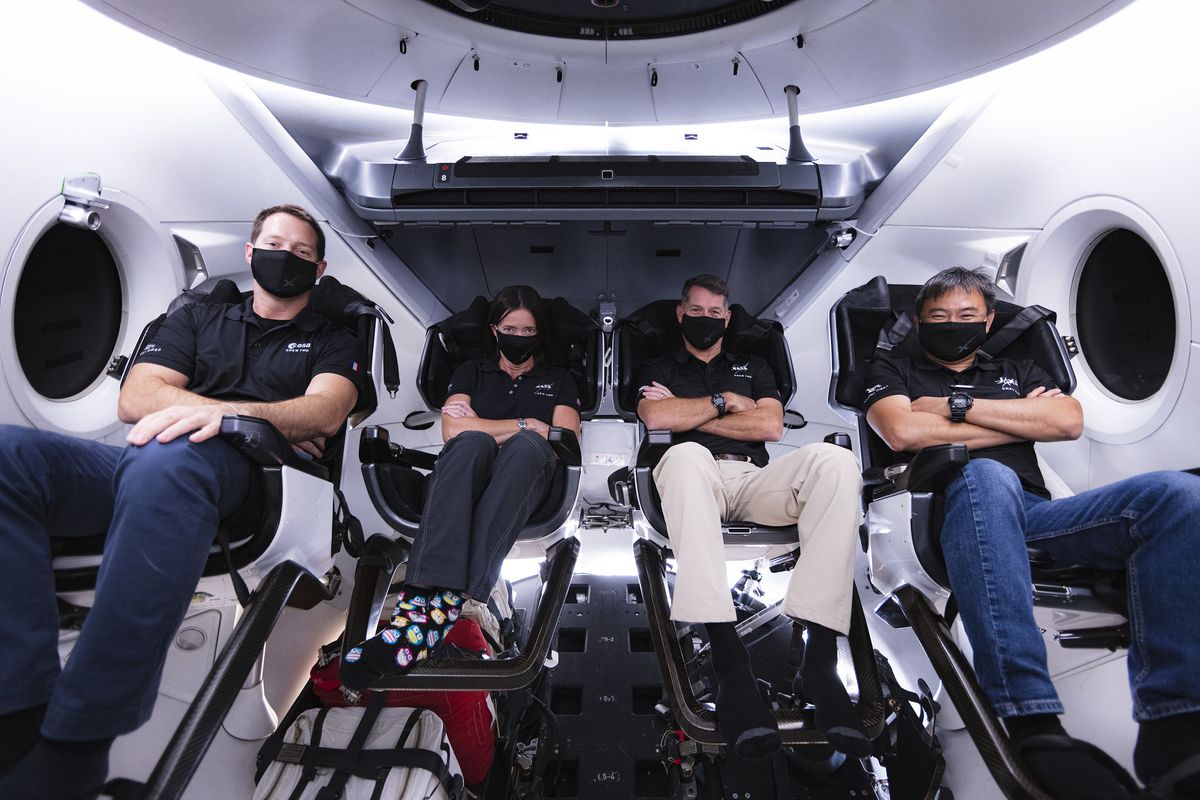 From left to right: ESA astronaut Thomas Pesquet, NASA astronaut Megan McArthur, NASA astronaut Shane Kimbrough and JAXA astronaut Akihiko Hoshide sit inside the SpaceX Crew Dragon &quot;Endeavour.&quot;